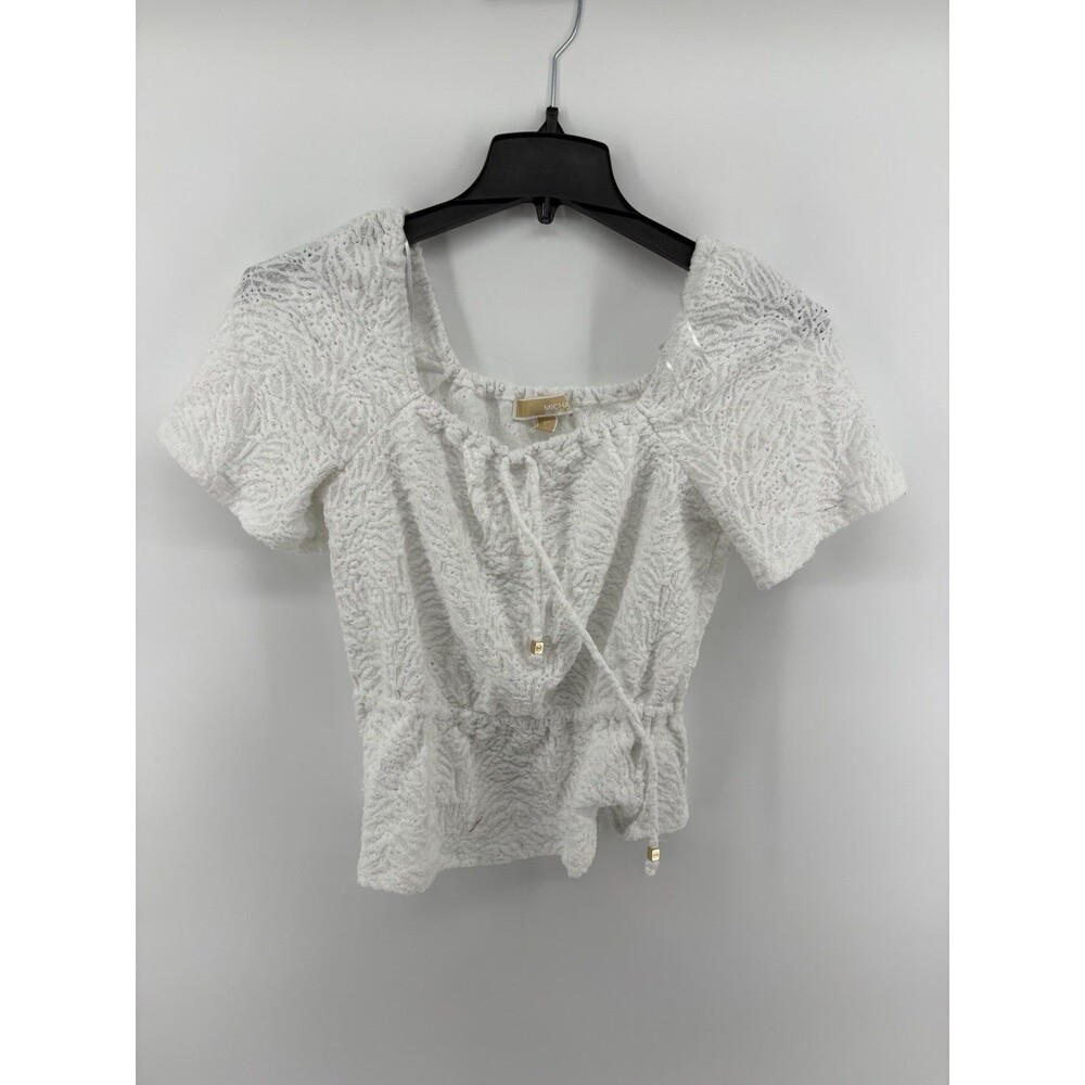 Michael Kors Women's Peasant Blouse White Ruffle Neck Tie Front Eyelet Sz S